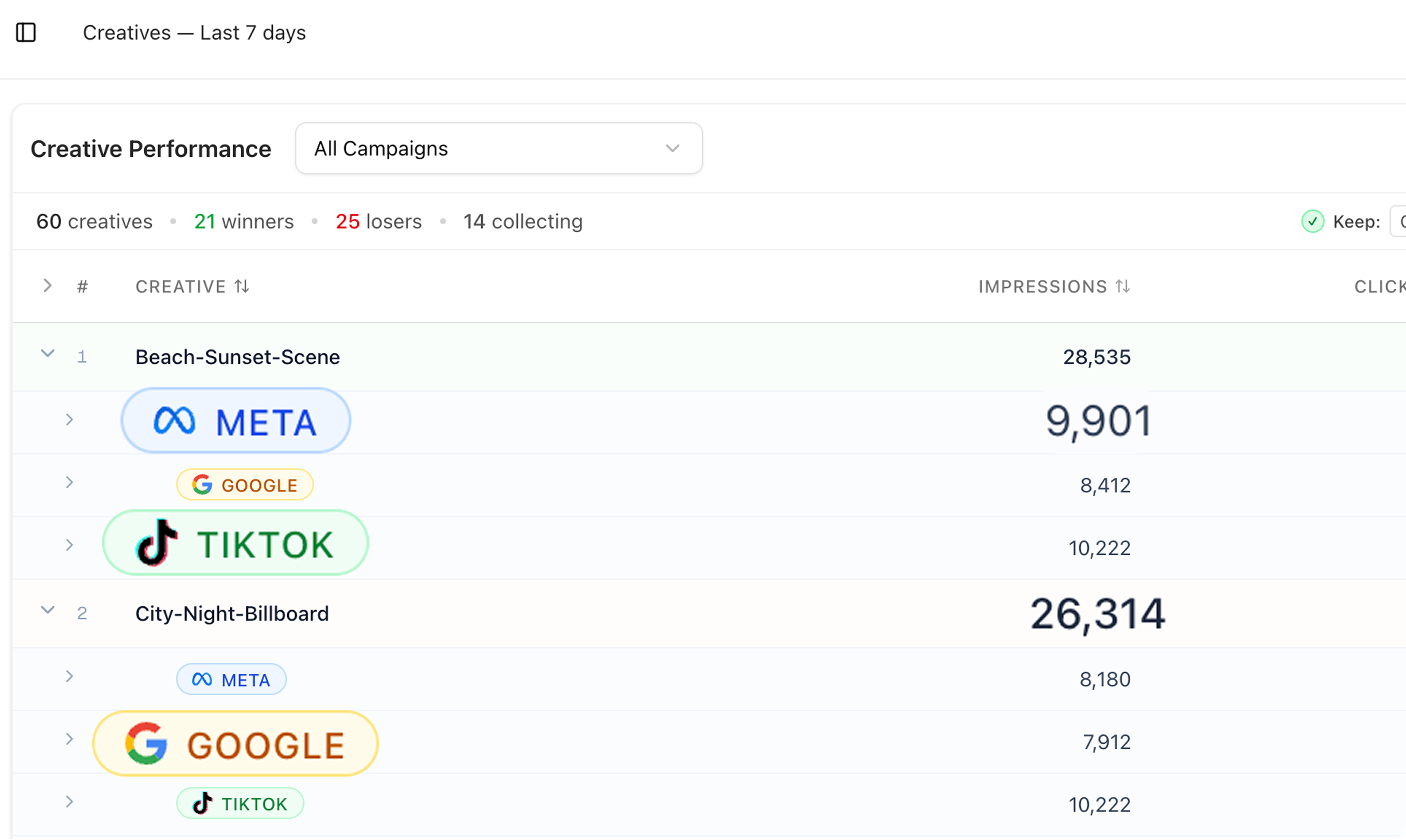 Cross-platform integration showing META, GOOGLE and TIKTOK ads in a unified dashboard